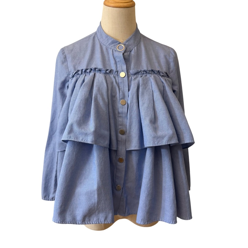 Zara Basic‎ Blue Ruffle Tiered Chambray Blouse Snap Front Zip Cuff Small